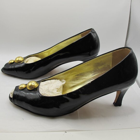 Paloma black patent leather peep-toe 2 inch heel with gold button accent 8.5AA - Picture 5 of 6